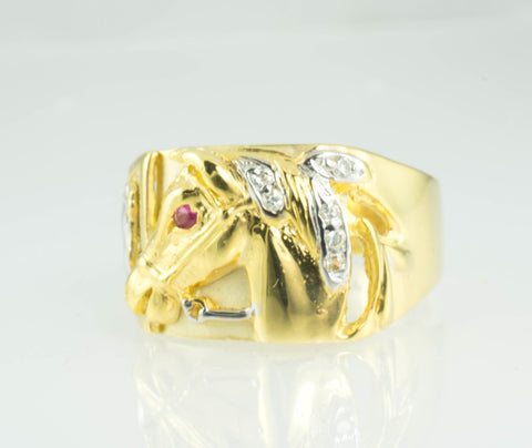 14 Kt Two Tone Gold C/Z Horse Men's Ring