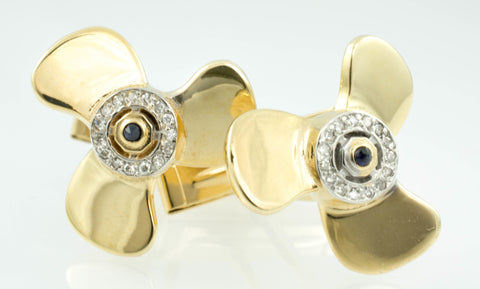 14 Kt Yellow Gold Diamond & Sapphire Propellor Cufflinks