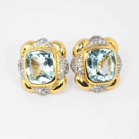 14 Kt Yellow Gold Aquamarine & Diamond Ladies' Earrings