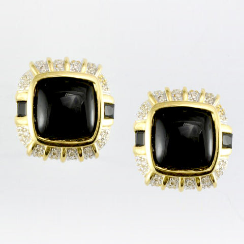 14 Kt Yellow Gold Onyx & Diamond Ladies' Earrings