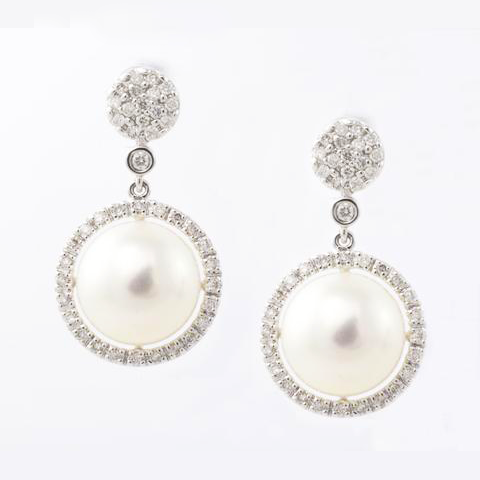 14 Kt White Gold Diamond and Pearl Ladies Earrings