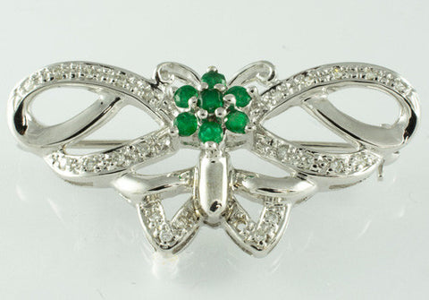 14 Kt White Gold Butterfly Emerald & Diamond Brooch